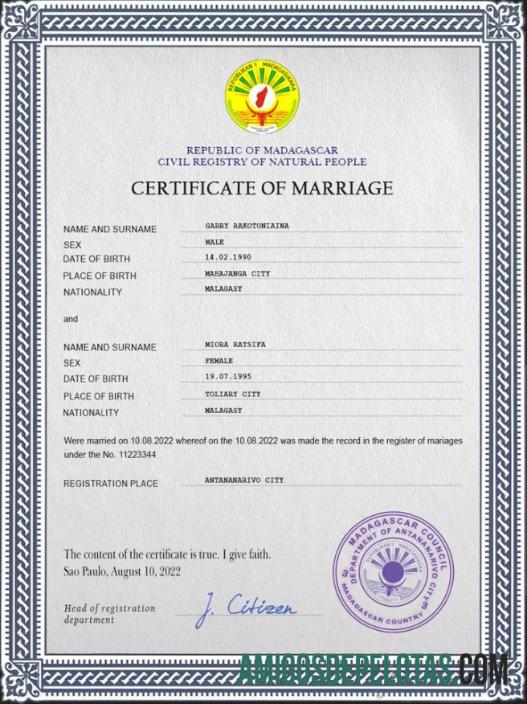 Imprimível modelo PSD de certidão de casamento de Madagascar